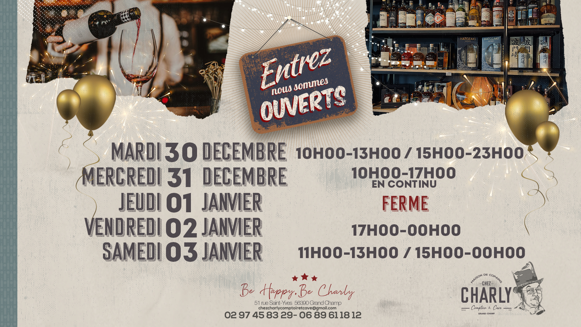Horaires exceptionnels du mardi 30 décembre au samedi 03 janvier