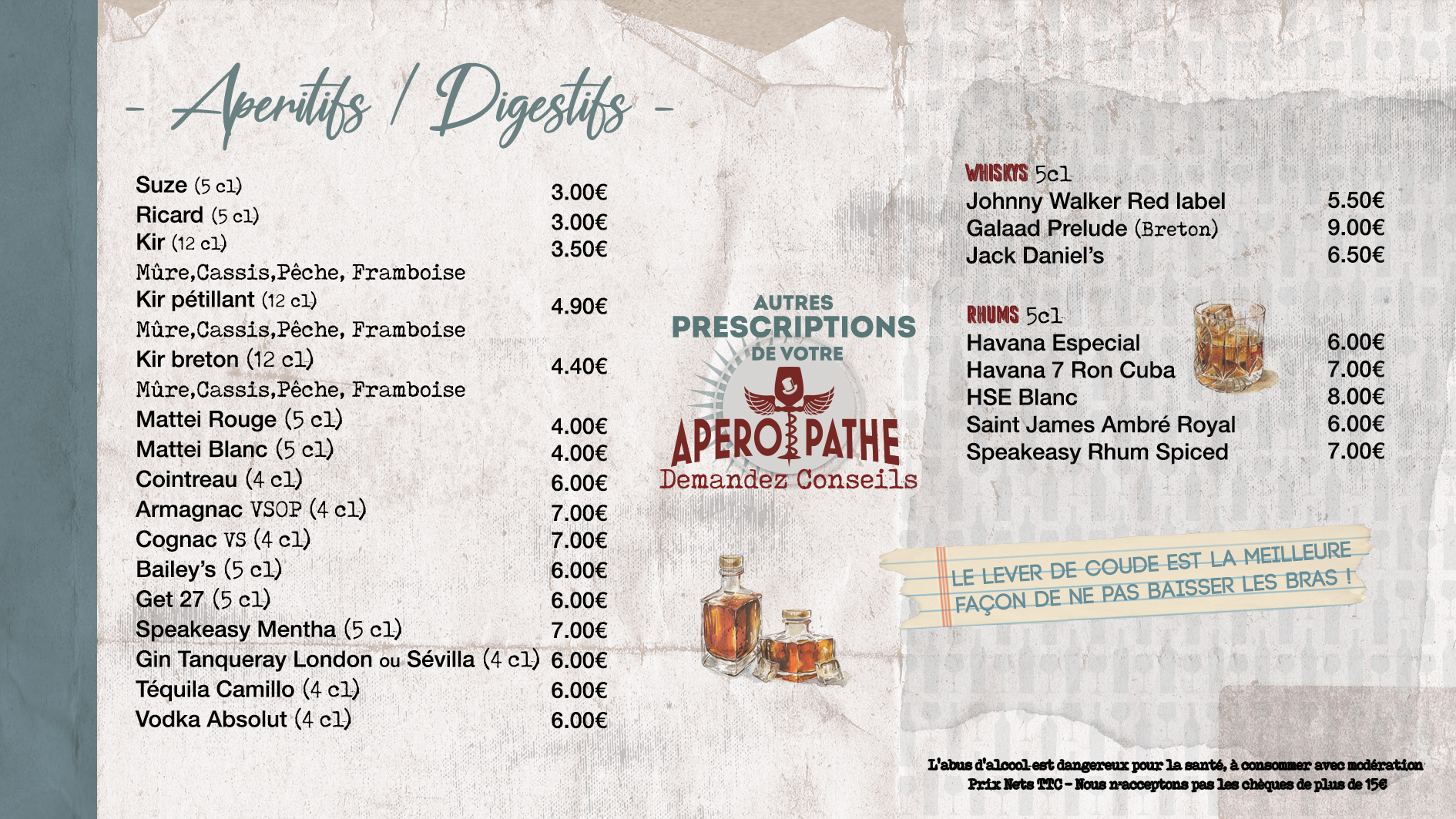 Carte des digestifs de Chez Charly avec les digestifs, les rhums et les whiskys