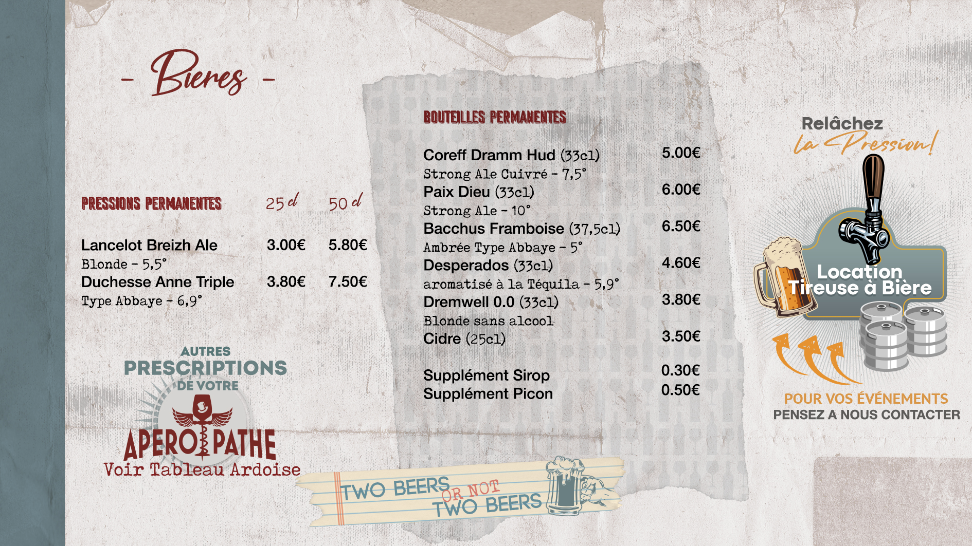 Carte des bières de Chez Charly avec les bières à la pression, les bières en bouteilles