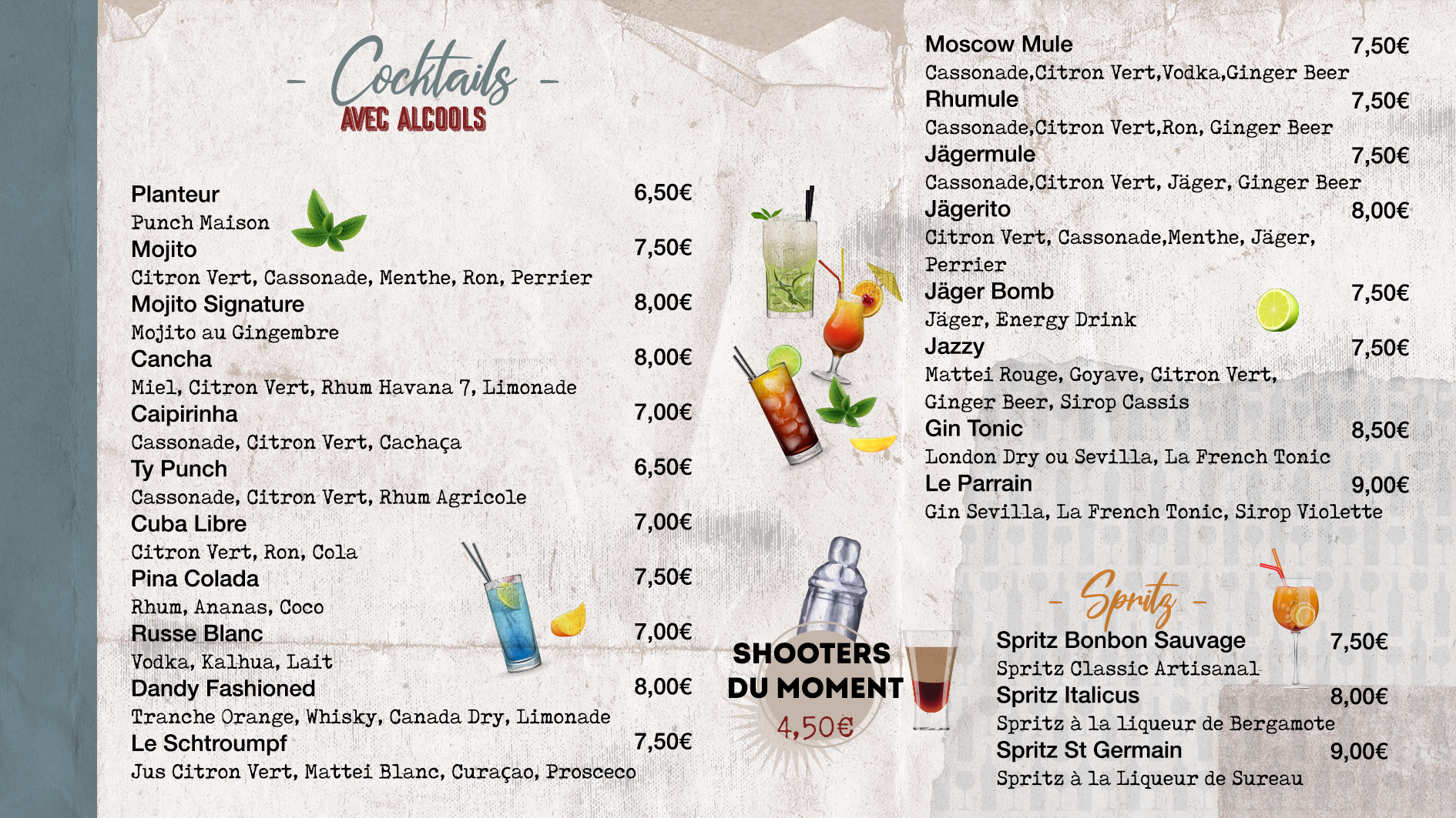 Carte des cocktails de Chez Charly avec les cockails avec alcools, les shooters, les Spritz