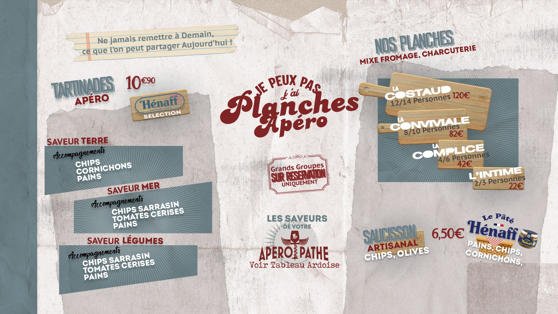 Carte des planches de Chez Charly avec les tartinades apéro, les planches charcuterie fromage, les saucissons