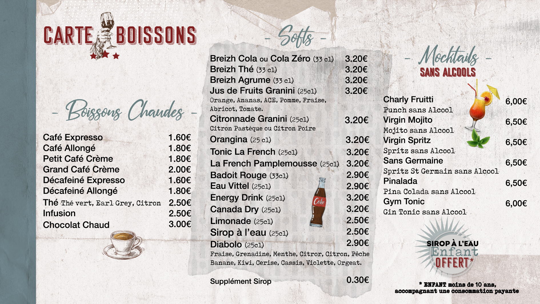 Carte des softs de Chez Charly avec les boissons chaudes, les softs et les mocktails