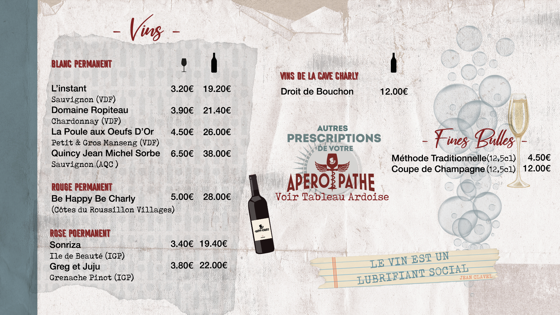 Carte des vins de Chez Charly avec les vins blanc, vins rouge, rosé et bulles